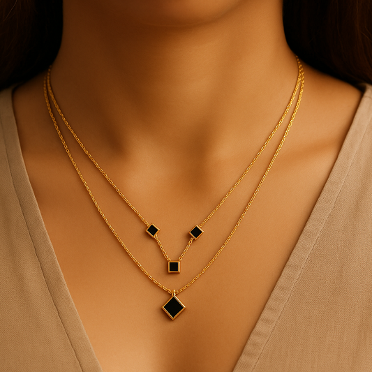 Elegant Dual-Layer Rold Gold Necklace with Black Enamel Charms