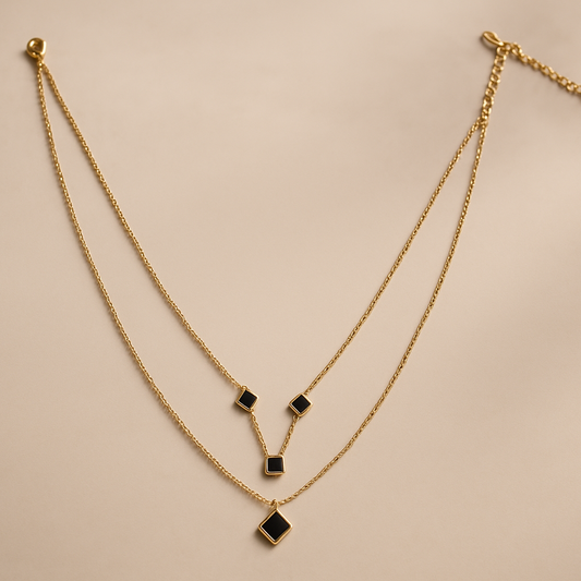 Elegant Dual-Layer Rold Gold Necklace with Black Enamel Charms