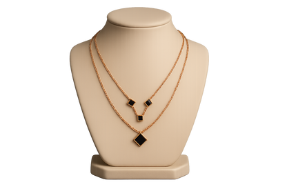 Elegant Dual-Layer Rold Gold Necklace with Black Enamel Charms
